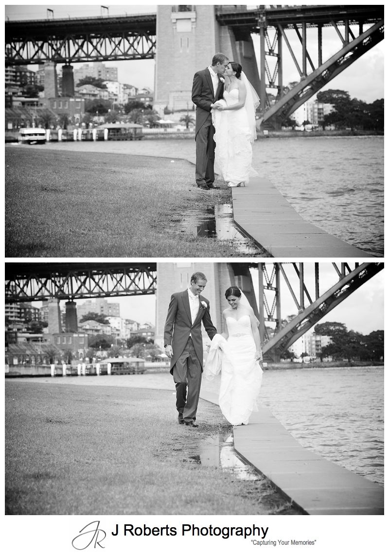 B&W portraits of bride and groom with puddles at blues point - sydney wedding photography 